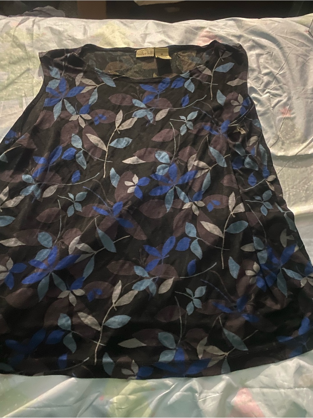 Linden Black Tank with Blue and Gray Leaf Print